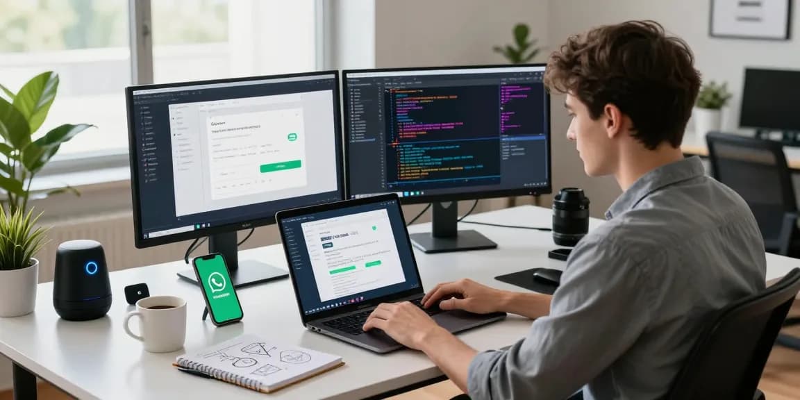 Engaging tech workspace scene showcasing WhatsApp下載 on professional's laptop with modern setups and vibrant atmosphere.
