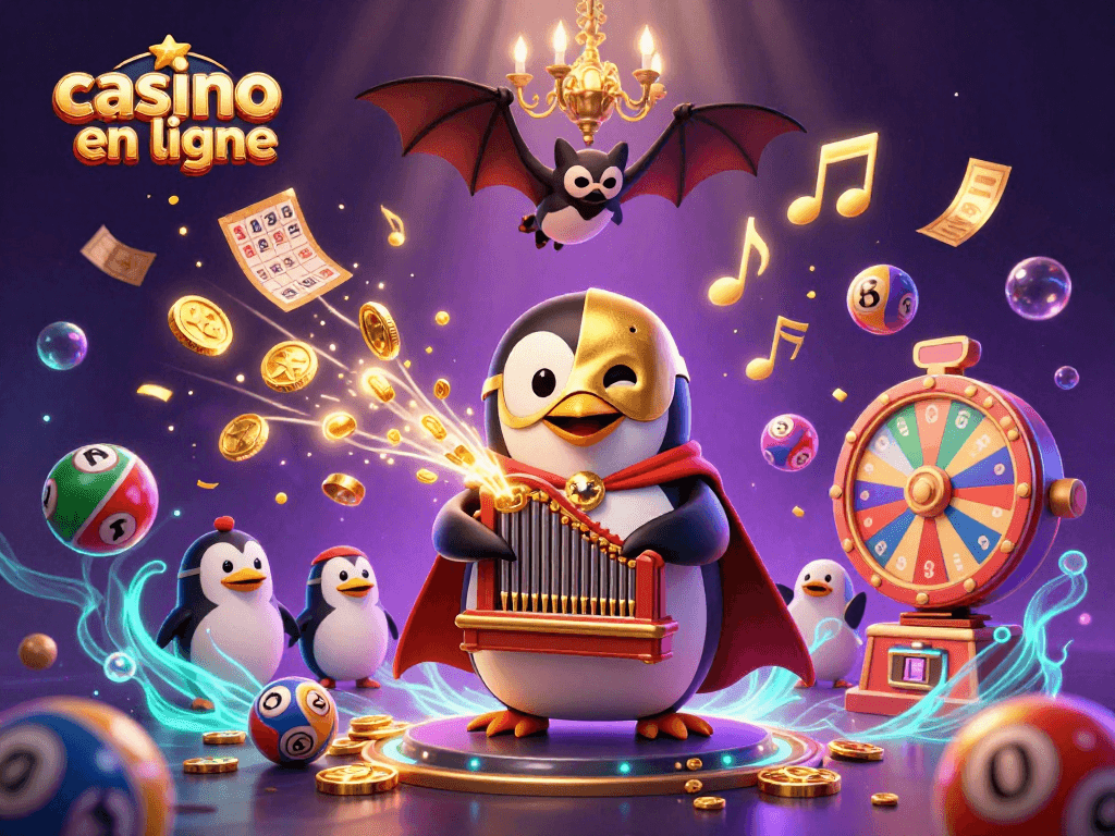 Le casino en ligne propose une illustration dynamique de jeux, avec un pingouin et des éléments de loterie en action.