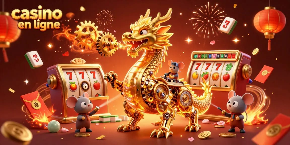 Les jeux captivants d’un casino en ligne, illustrés par un dragon et un ingénieur dans une scène festive.