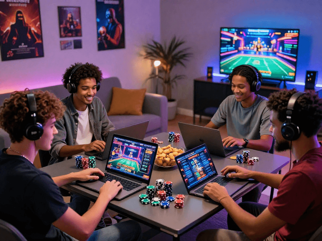 Engaging scene of friends enjoying non uk casinos for uk players, surrounded by laptops and gaming snacks.
