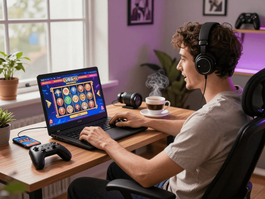 UK player enjoying online gaming at home with vibrant USA casinos featured on screen, showcasing a lively and comfortable atmosphere at https://aboutobo.com.
