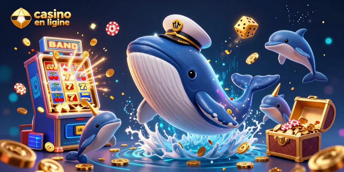 Plateforme dynamique de casino en ligne avec des personnages marins, machines à sous et effets festifs.