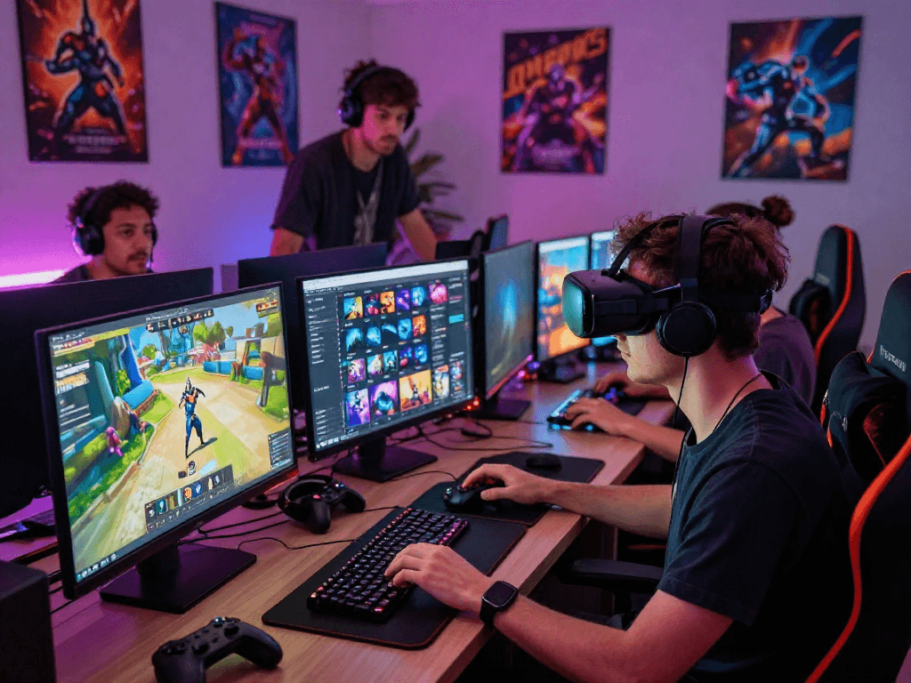 Immersive adult game scene with players exploring interactive titles in a vibrant gaming room atmosphere.