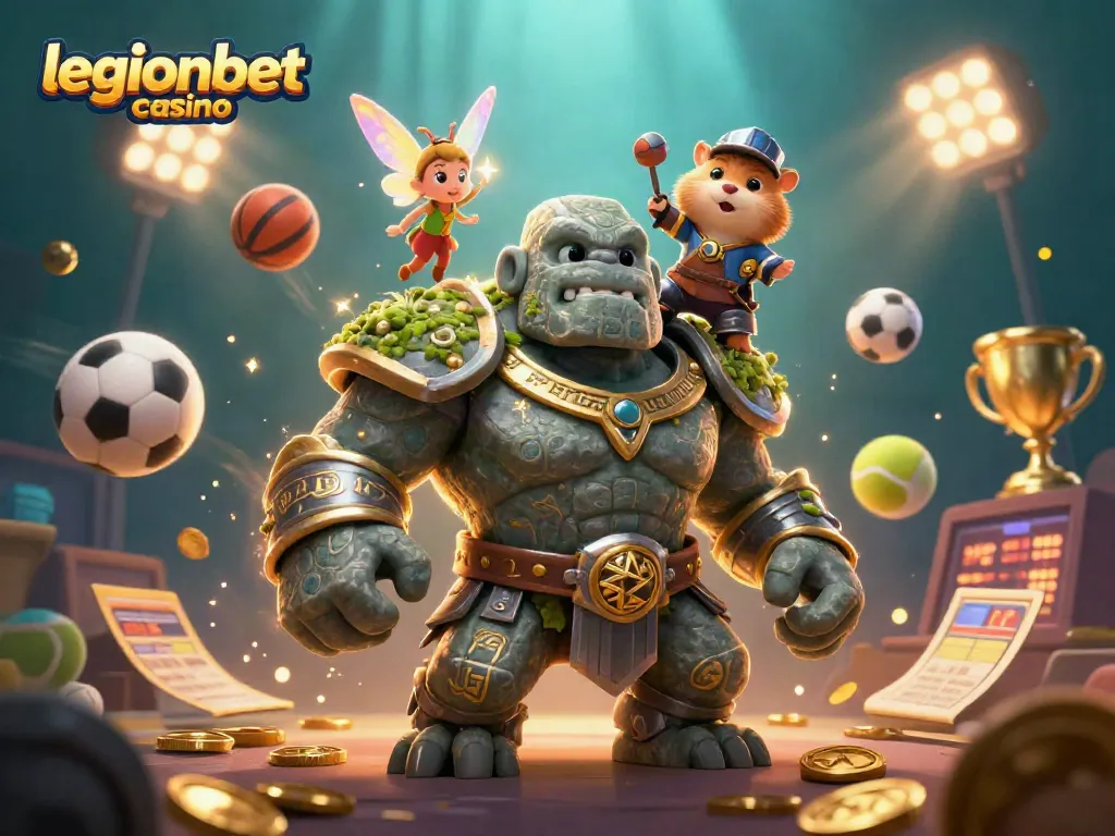Experience thrilling action at legionbet casino with an ancient stone golem and whimsical companions.