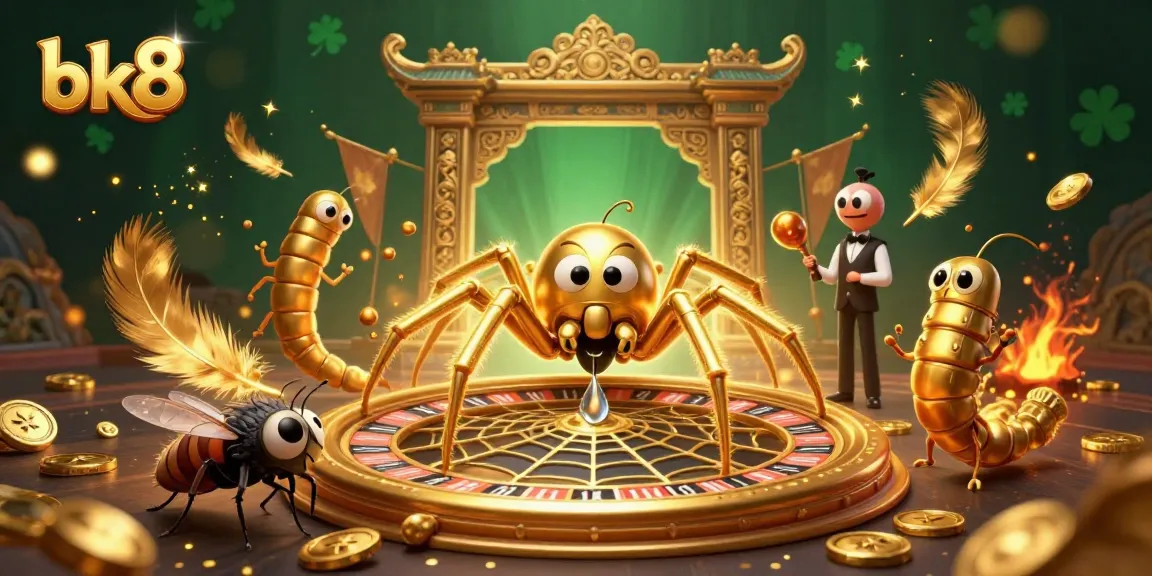 Experience the thrill of bk8 with a golden roulette wheel web spun by a cartoon spider.