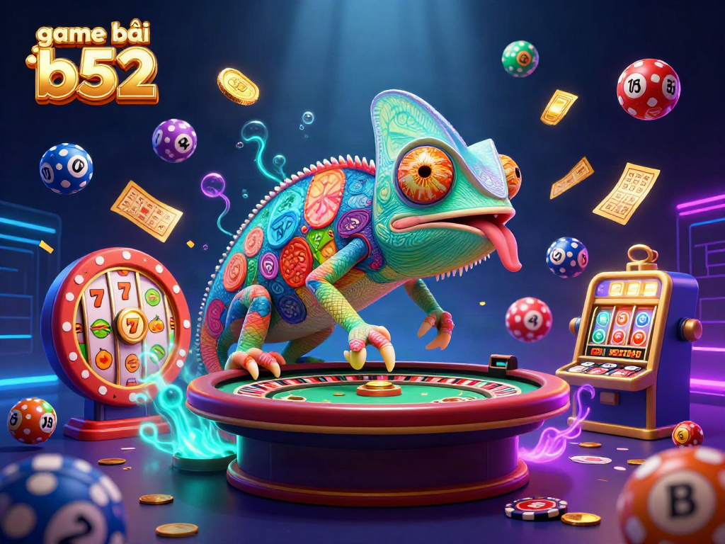 Engage with game bài b52 at a vibrant casino scene animated with colorful lottery balls and lively game elements.