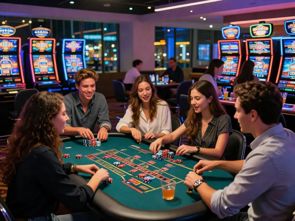 Excited players at credit card casinos enjoying lively games and vibrant atmosphere in a modern casino lounge.