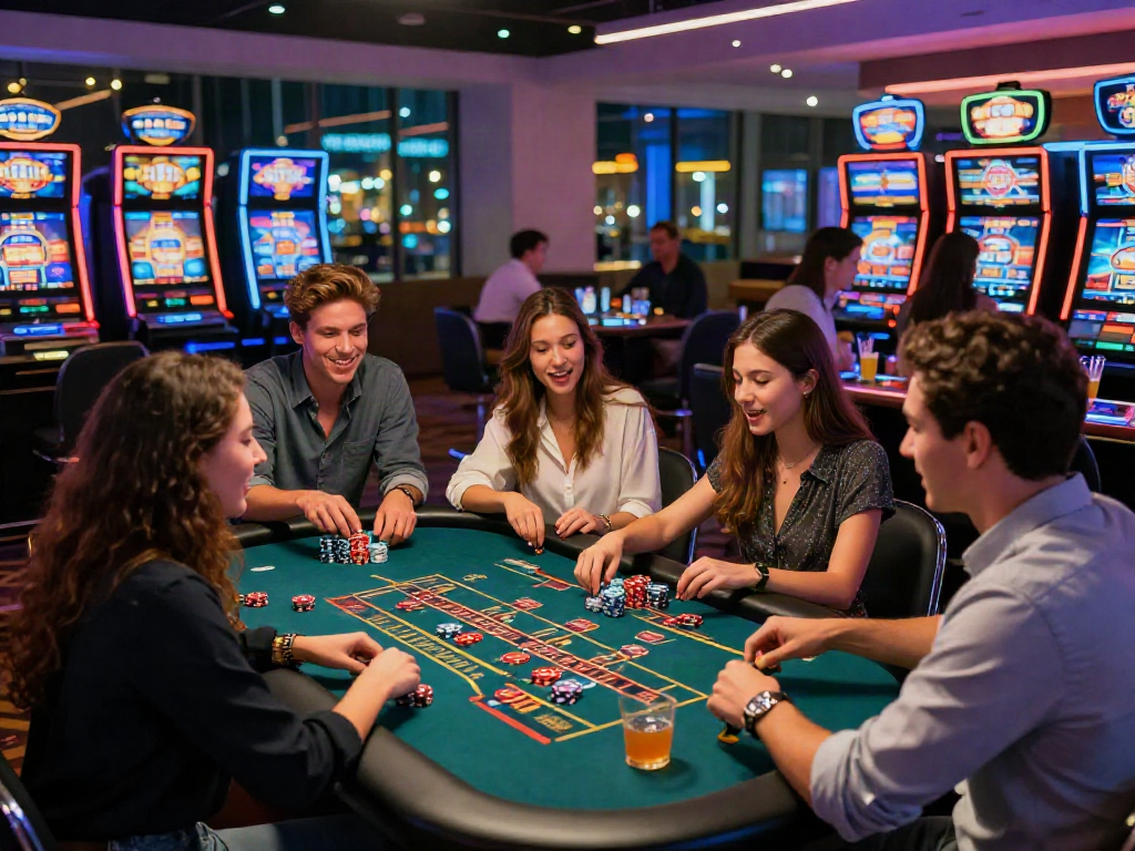 Excited players at credit card casinos enjoying lively games and vibrant atmosphere in a modern casino lounge.