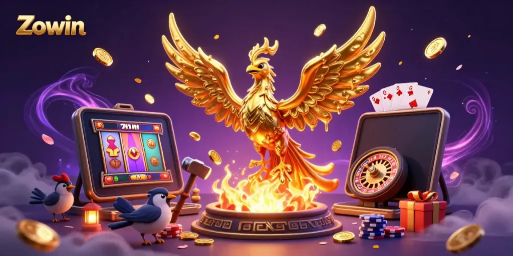Engage with Zowin's vibrant 3D casino scene featuring a golden phoenix and a colorful slot game.