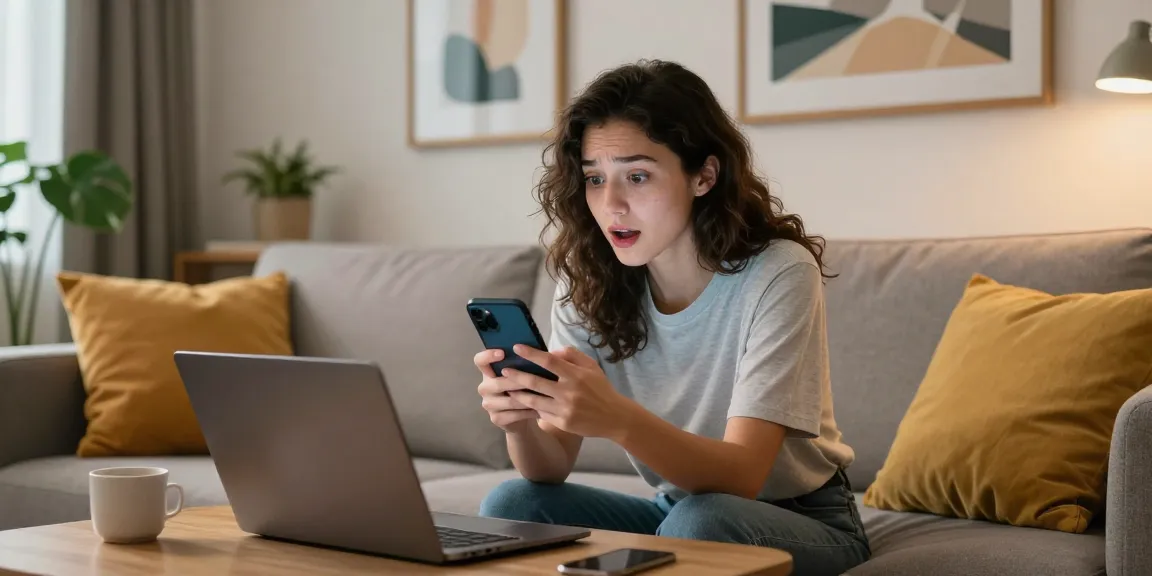 Young woman engaged in ai sex chat on a smartphone in a stylish living room setting