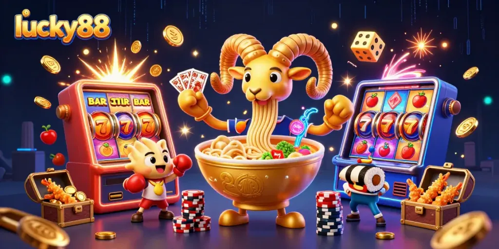 Experience thrilling action with lucky88's vibrant casino scene featuring dynamic characters and slot symbols.