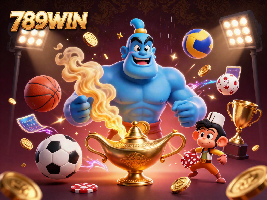 Experience the thrilling world of 789WIN with a colorful casino scene featuring a genie and poker chips.