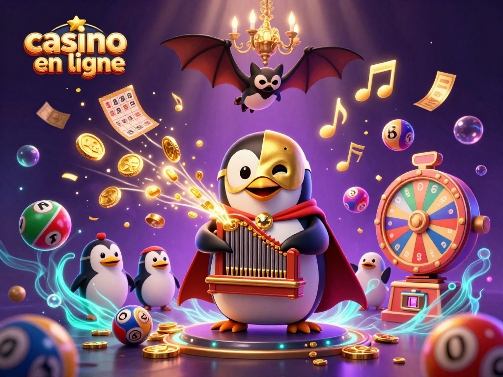 Le casino en ligne propose une illustration dynamique de jeux, avec un pingouin et des éléments de loterie en action.