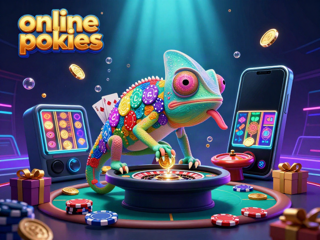 Engage with vibrant online pokies action in a 3D illustration featuring a chameleon casino owner.
