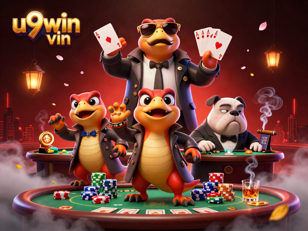 u9win vin raptors comically attempt VIP casino access, packed with poker elements and vibrant details.