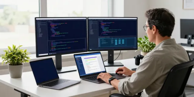 Developer using instant indexing tools in a bright tech workspace