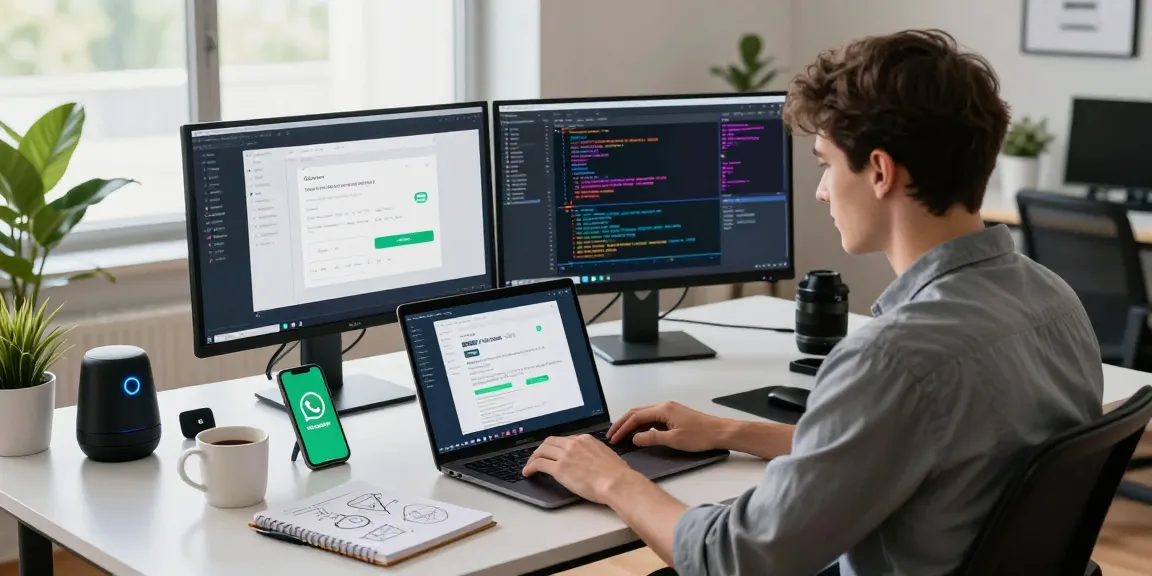 Engaging tech workspace scene showcasing WhatsApp下載 on professional's laptop with modern setups and vibrant atmosphere.