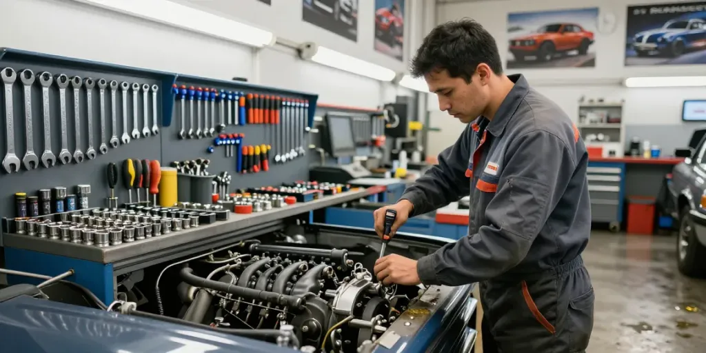 Mechanic at work using hazet tools in a well-lit automotive workshop.