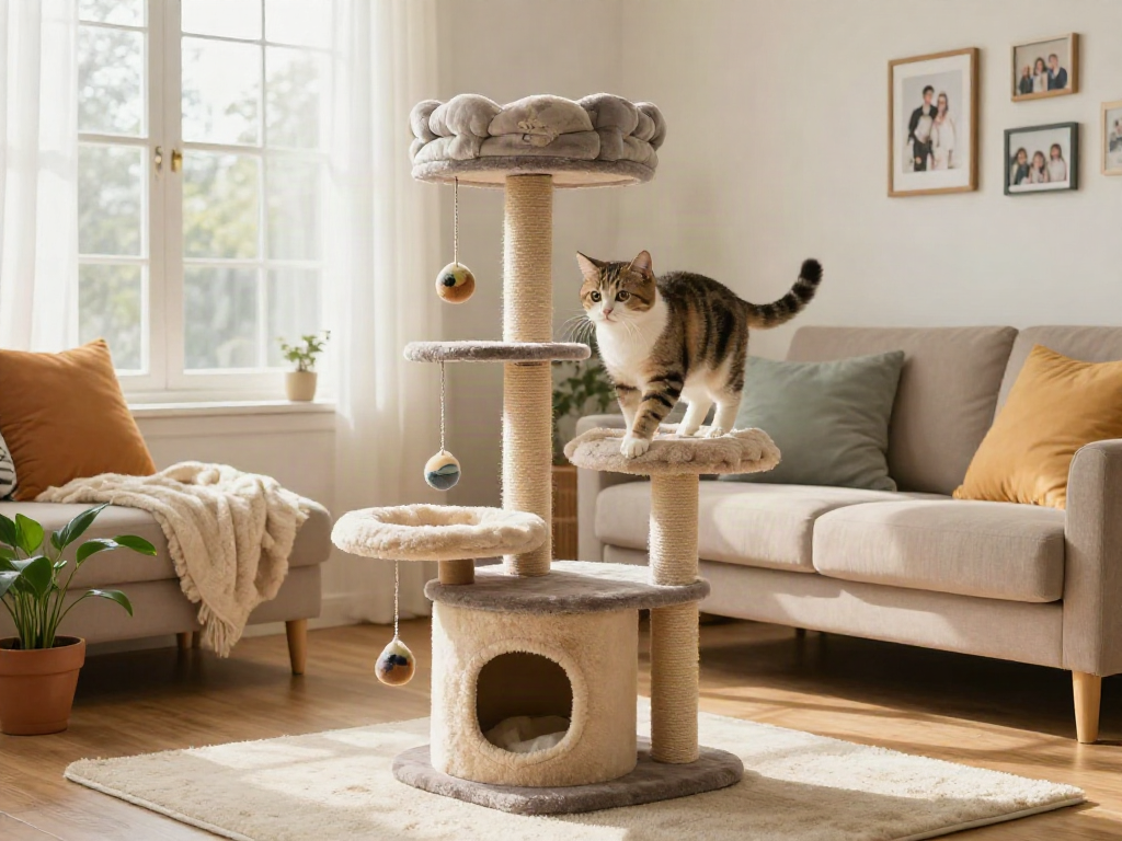 Cat tree with playful cat climbing and cozy living room setting.