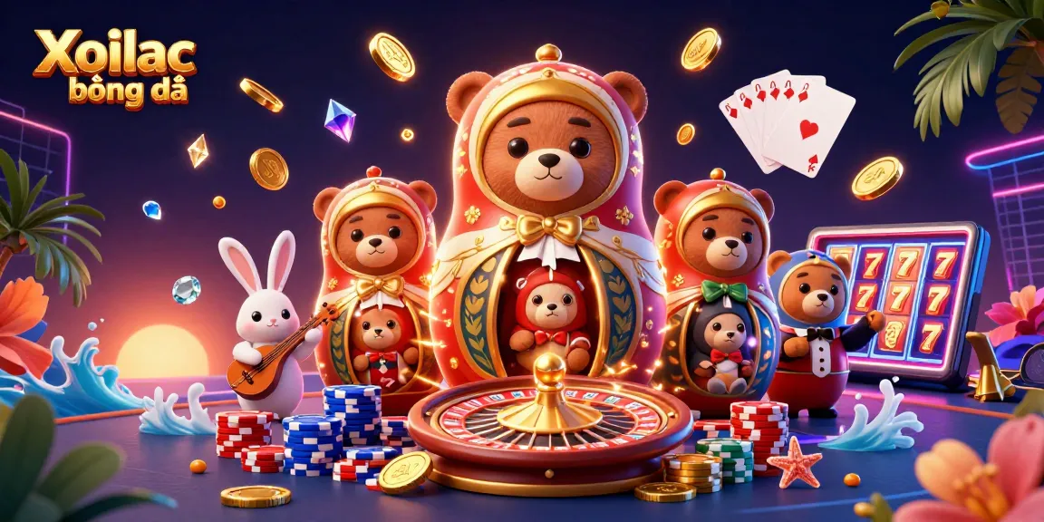 Xoilac bóng đá showcases a lively casino scene with Matryoshka bears, dealer outfits, and gambling elements.