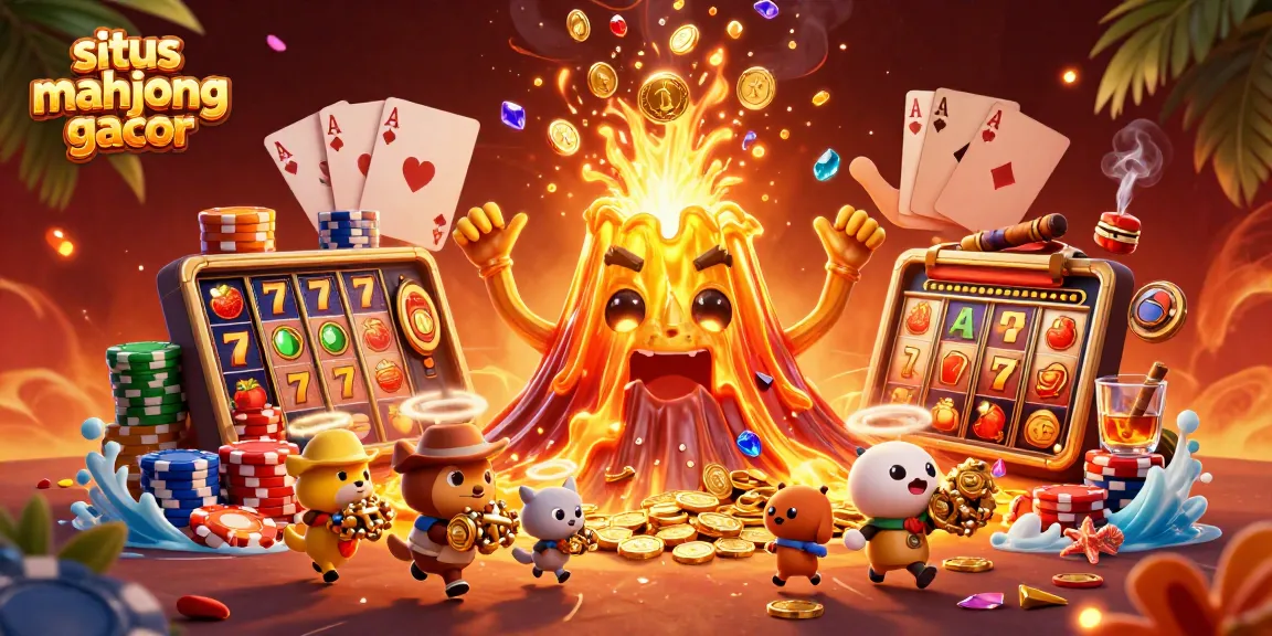 Experience the excitement at situs mahjong gacor with vibrant slot reels and a joyful treasure volcano.
