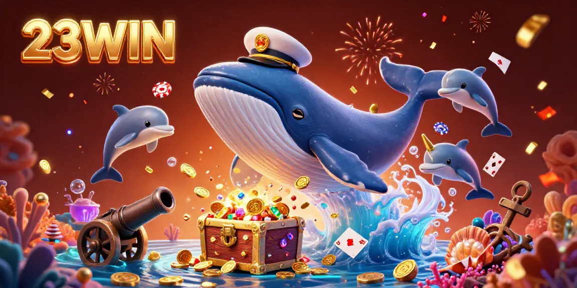 Engage in the exhilarating world of 23WIN with a colorful underwater casino adventure featuring a playful whale and dolphins.