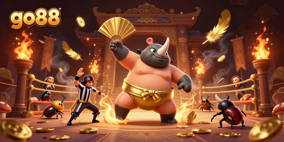 Experience the dynamic go88 gaming world with a cartoon beetle champion surrounded by exciting casino elements.
