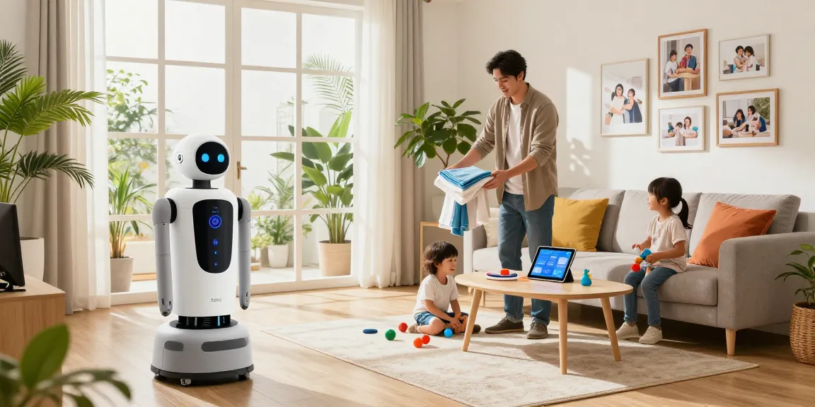 Humanoid home robot 2026 assisting with chores in a bright family room