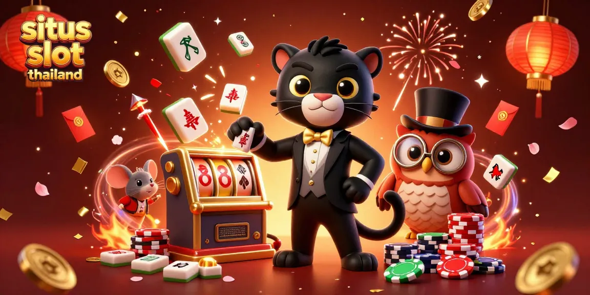 Engage with thrilling spins at situs slot thailand, featuring a stylish panther dealing slot reels, an owl with poker chips, and a lucky mouse.