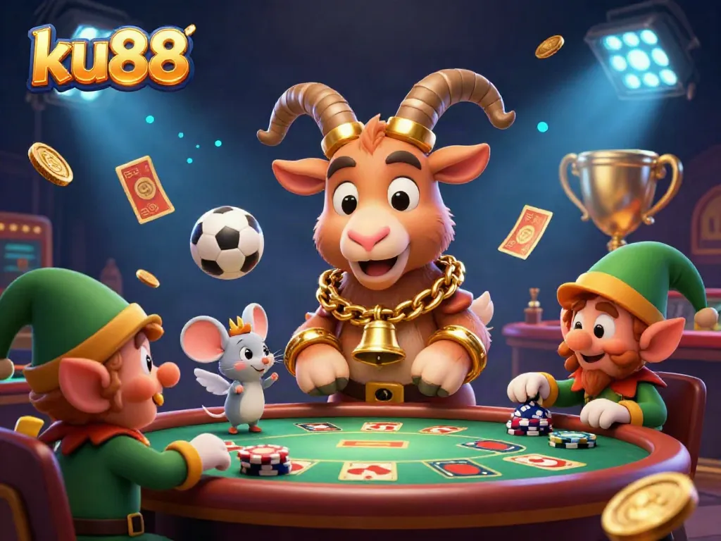Experience the thrill at ku88 with a festive casino scene featuring whimsical characters and dynamic game elements.