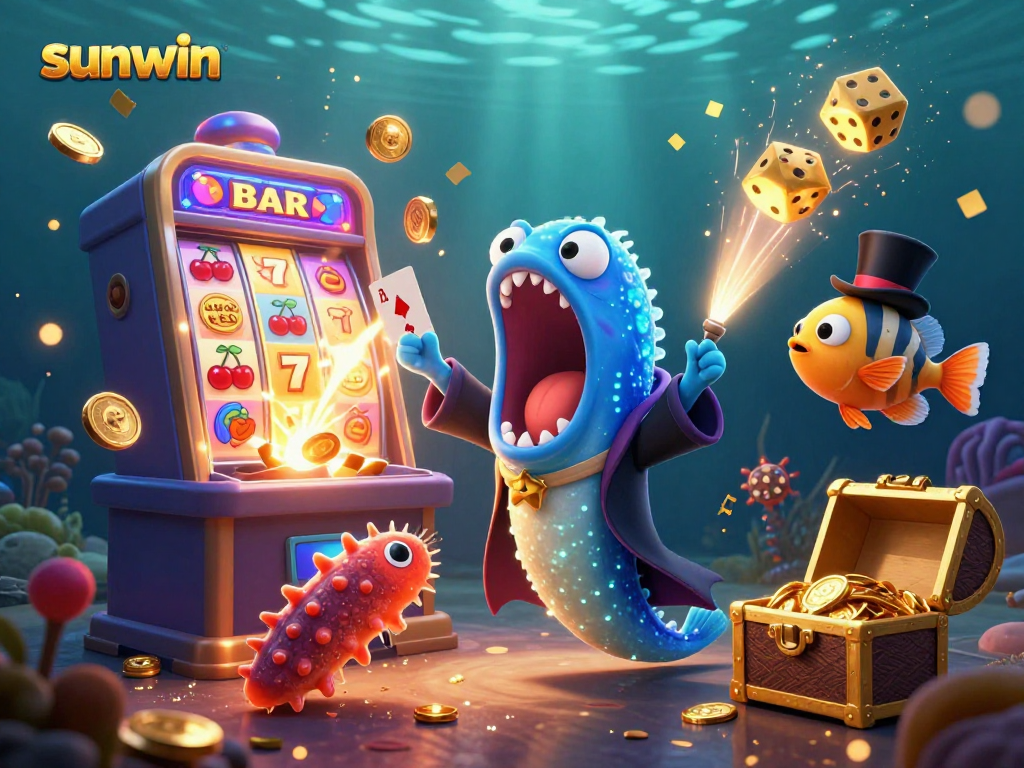 Sunwin showcases a vibrant sea-themed casino scene with a magical twist involving a gulper eel, anglerfish, and treasure.