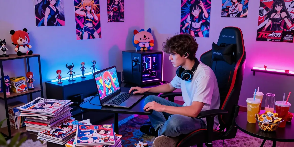 Engaged gamer playing ecchi games on a laptop in a colorful room.
