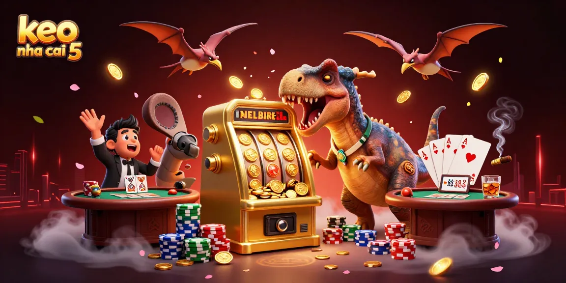 Experience keo nha cai 5 with a vibrant 3D scene of cartoon dinosaurs at a casino.