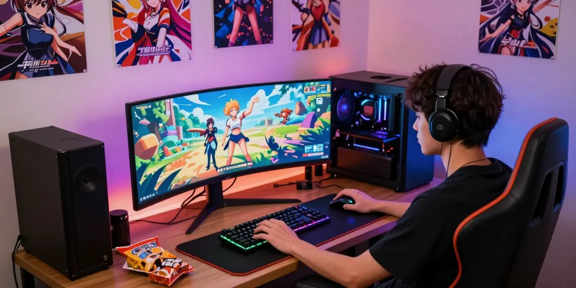 Immersive gaming scene featuring a young adult enjoying ecchi games on a vibrant monitor, showcasing anime characters.