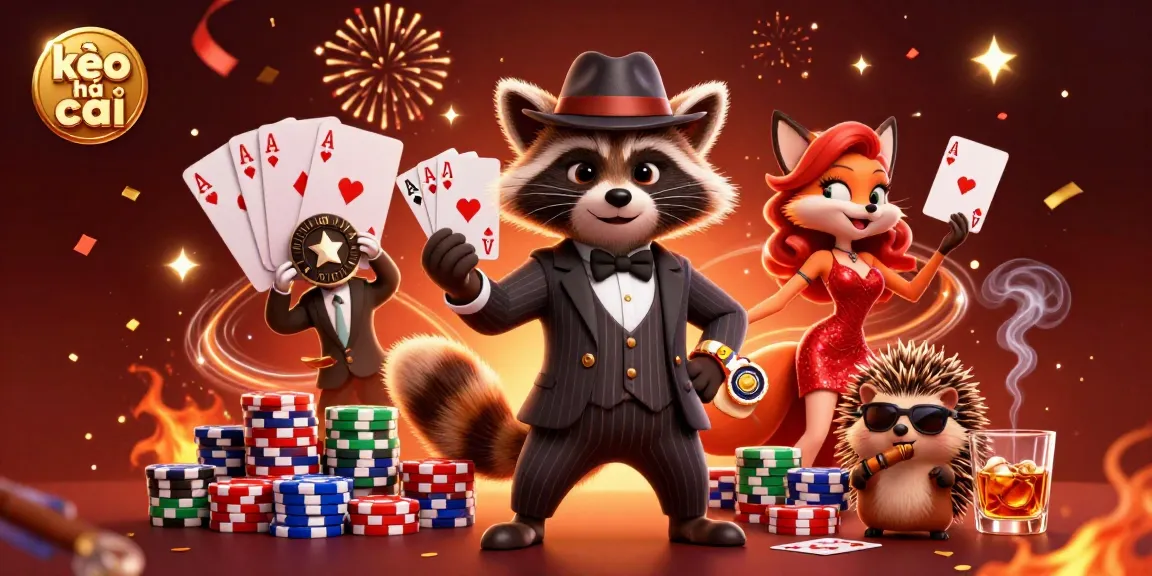Experience kèo nhà cái action with a suave raccoon and fox at a vibrant poker table