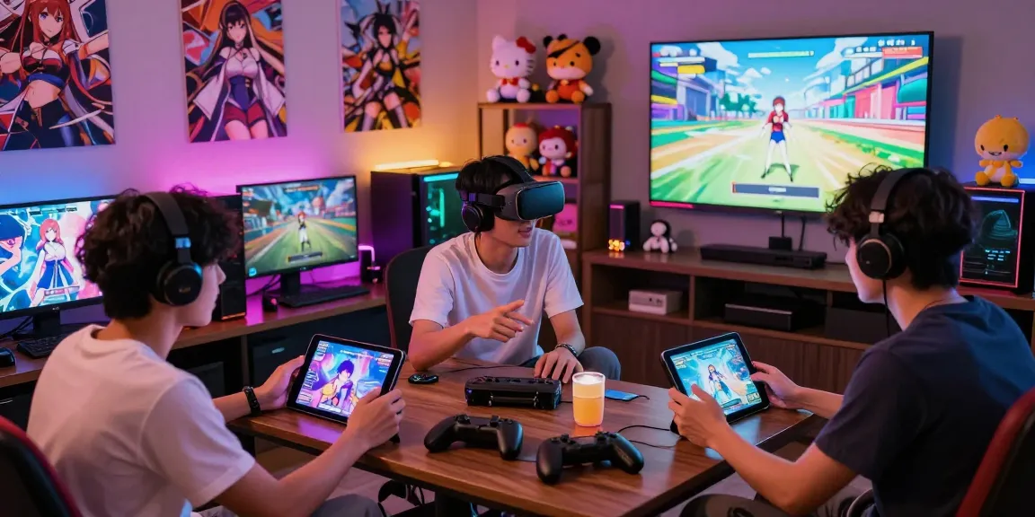 Friends enjoying a vibrant gaming lounge while playing hentai games, showcasing immersive gameplay and fun atmosphere.