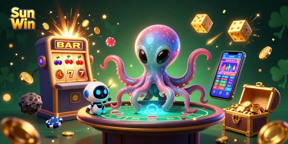 Engage in thrilling casino action with Sun Win's vibrant alien octopus scene featuring poker and slot games.