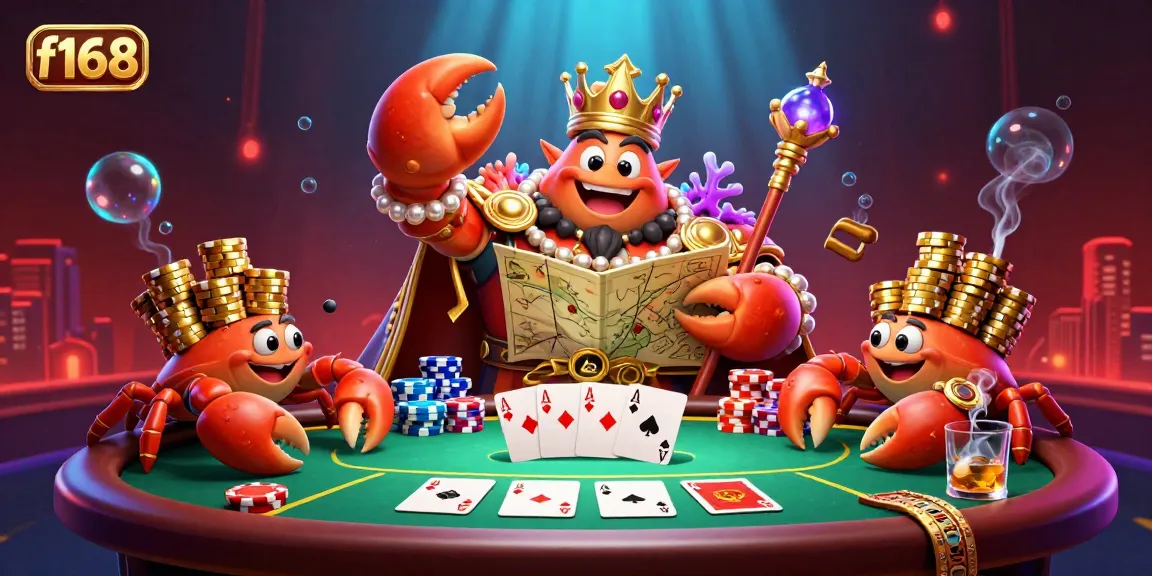Join the exciting f168 gaming experience with a royal crab emperor ruling a vibrant casino table.