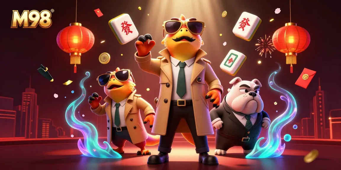 M98 casino scene featuring cartoon raptors in a trench coat, entering with a buzz of excitement.