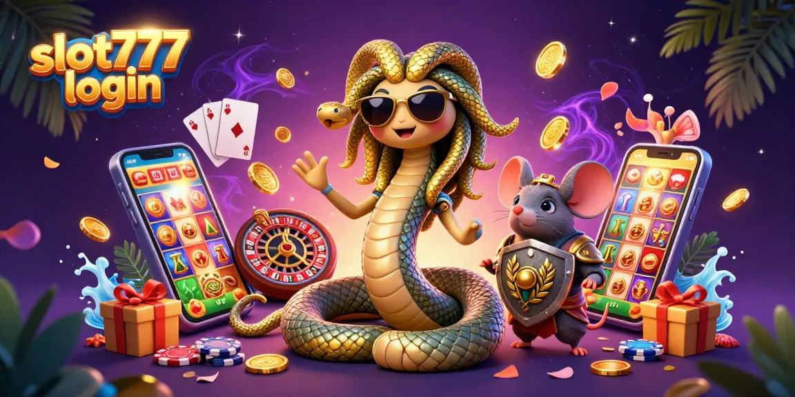 Celebrate gaming with engaging slot777 login illustration showcasing a joyful Medusa and warrior mouse.