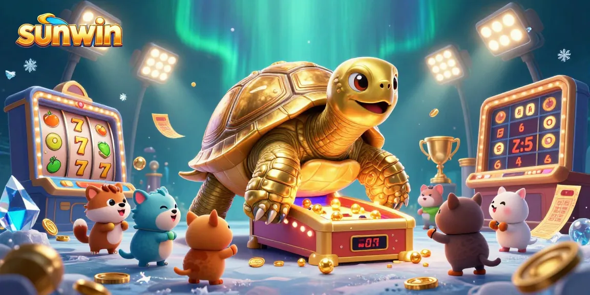 Experience excitement at sunwin with a dynamic 3D casino landscape featuring a pinball tortoise and slot reels.