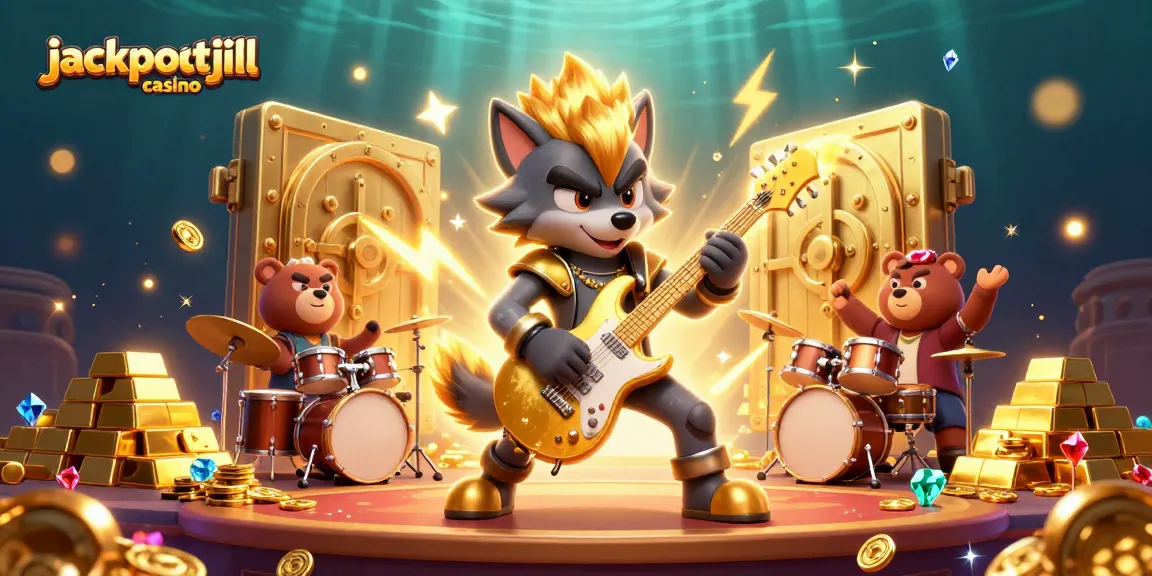 Experience jackpotjill casino's vibrant atmosphere with a rock star wolf and a drummer bear on stage.